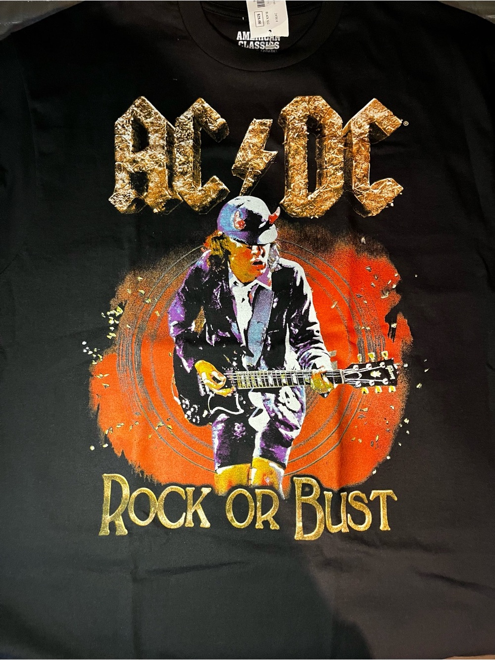 AC/DC Black Tee with Orange & Gold Graphic